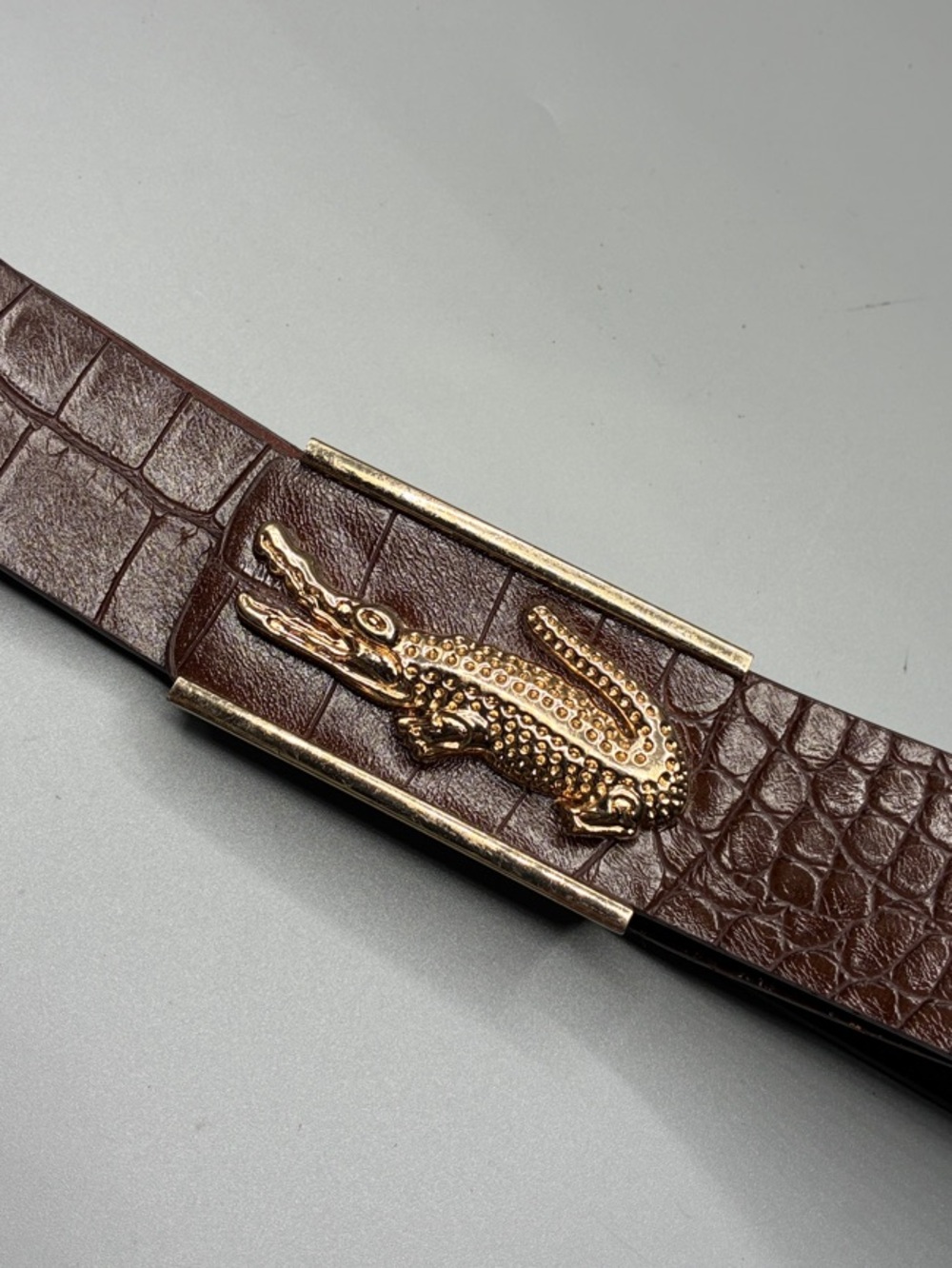 Croc-Embossed Brown Belt with Gold Crocodile Buckle